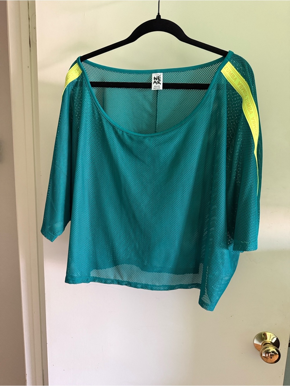 Zumba Fitness Teal Mesh Crop Top with Neon Yellow Shoulder Tape